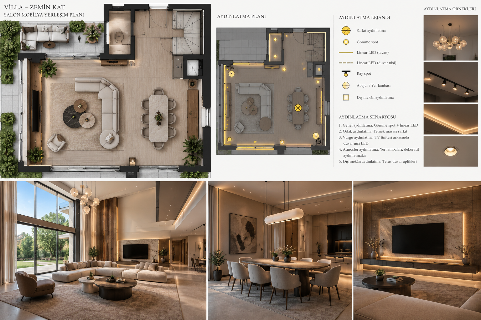 Villa iç mimari proje kat planı ve mobilya yerleşimi