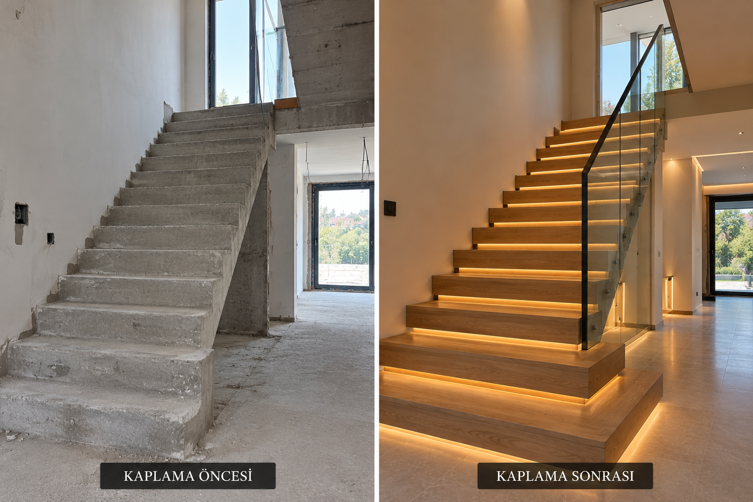 Beton merdivenin ahşap kaplama öncesi ve sonrası