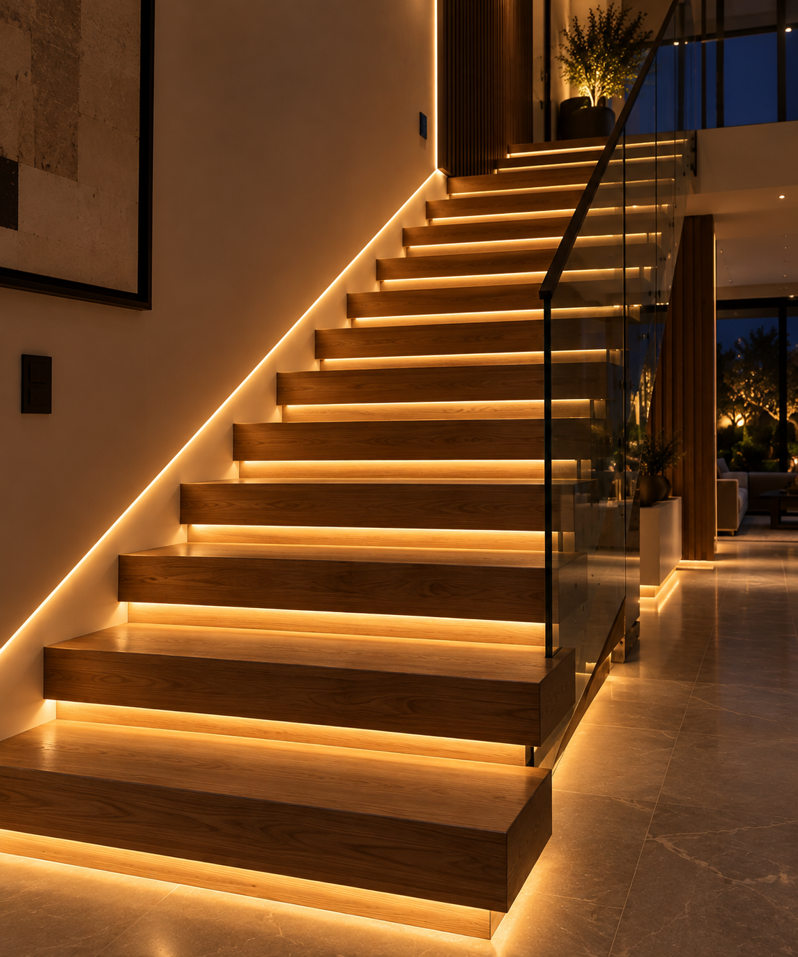 LED basamak aydınlatmalı ahşap merdiven