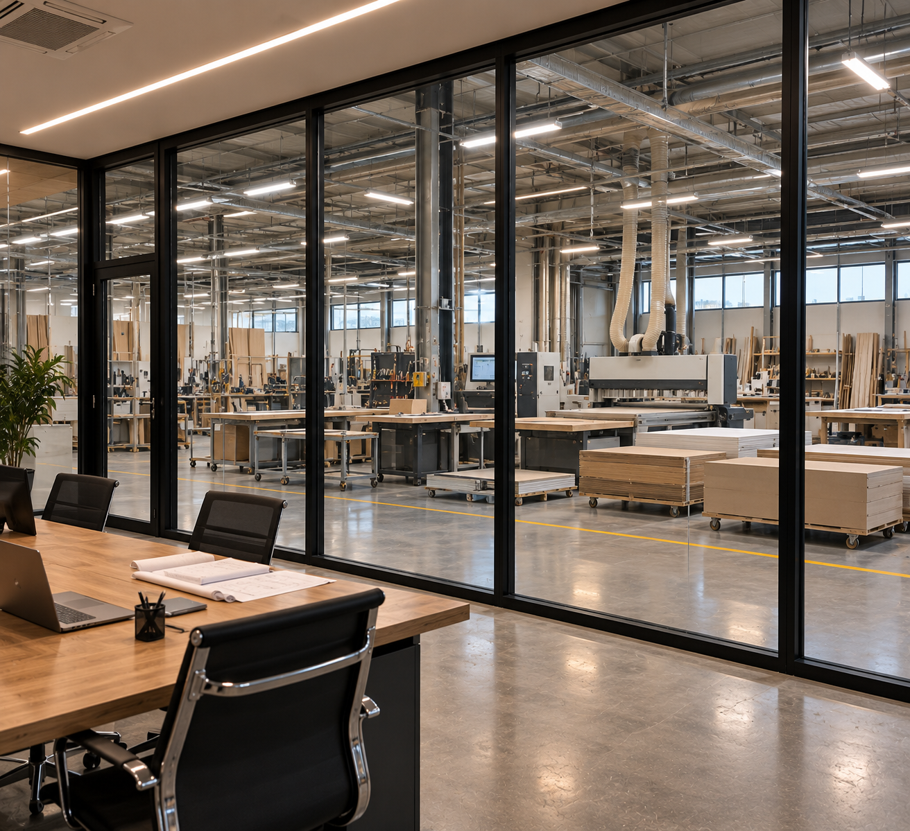 Fabrikada üretim alanı ile ofis arasındaki ses yalıtımlı cam bölme