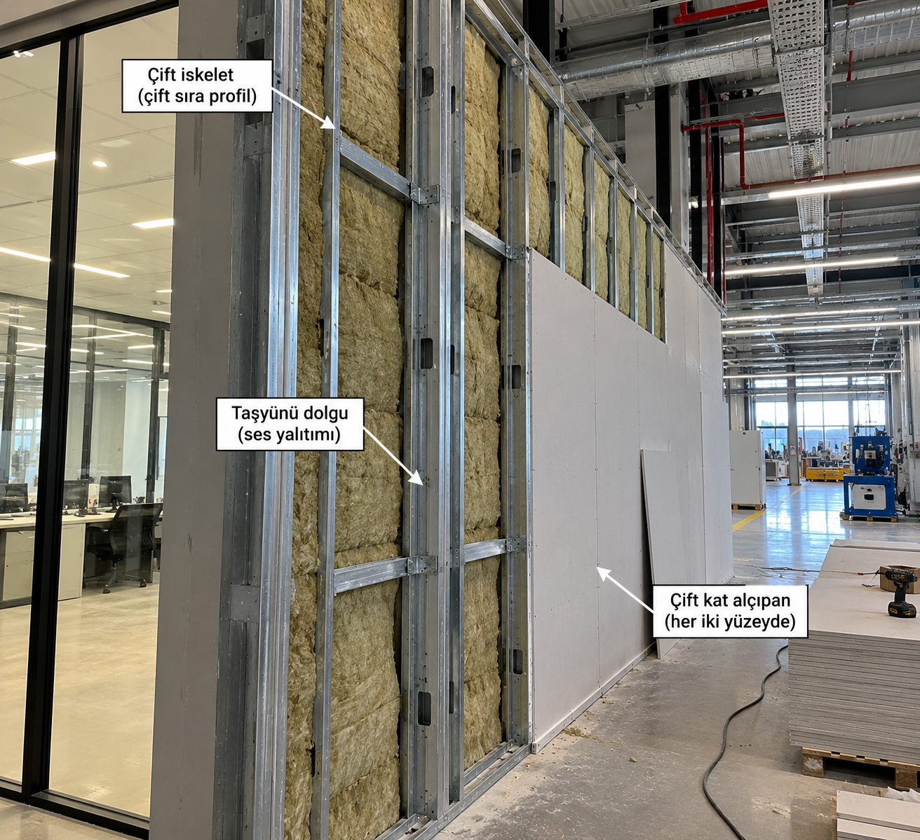 Fabrika ofisinde çift iskeletli ses yalıtımlı bölme duvar