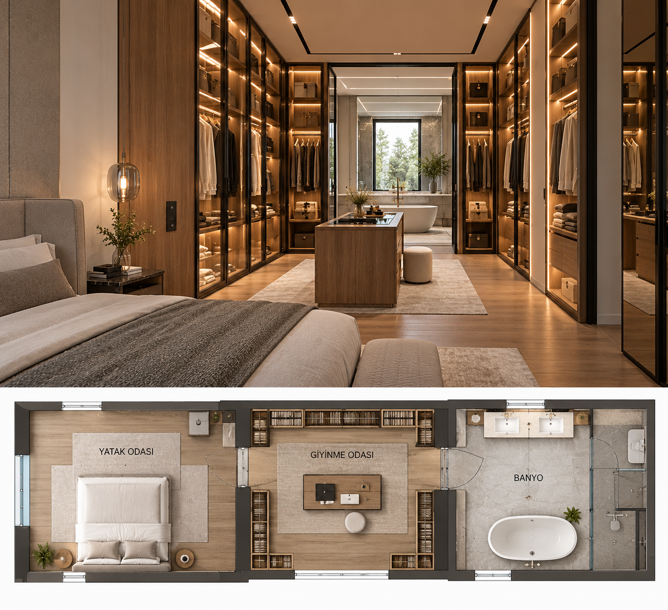 Yatak odası ile banyo arasında konumlanan giyinme odası