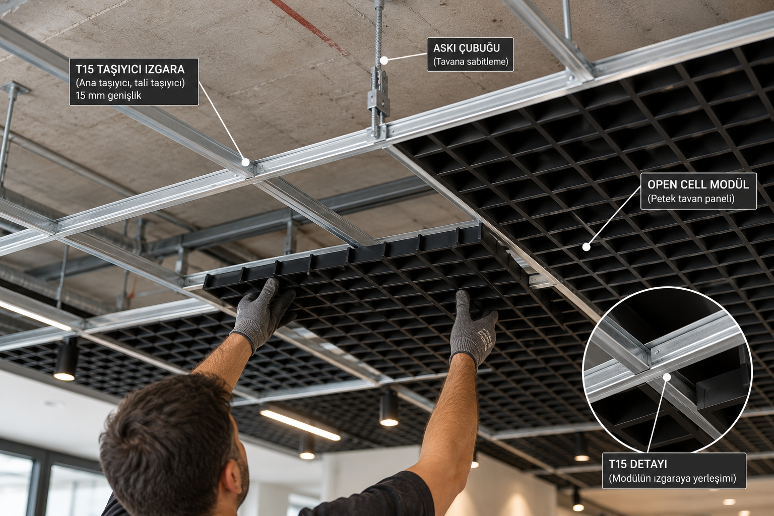 Open cell tavan T15 taşıyıcı ve modül montajı