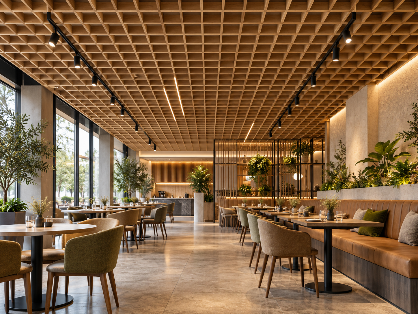 Ahşap desenli open cell tavanlı kafe
